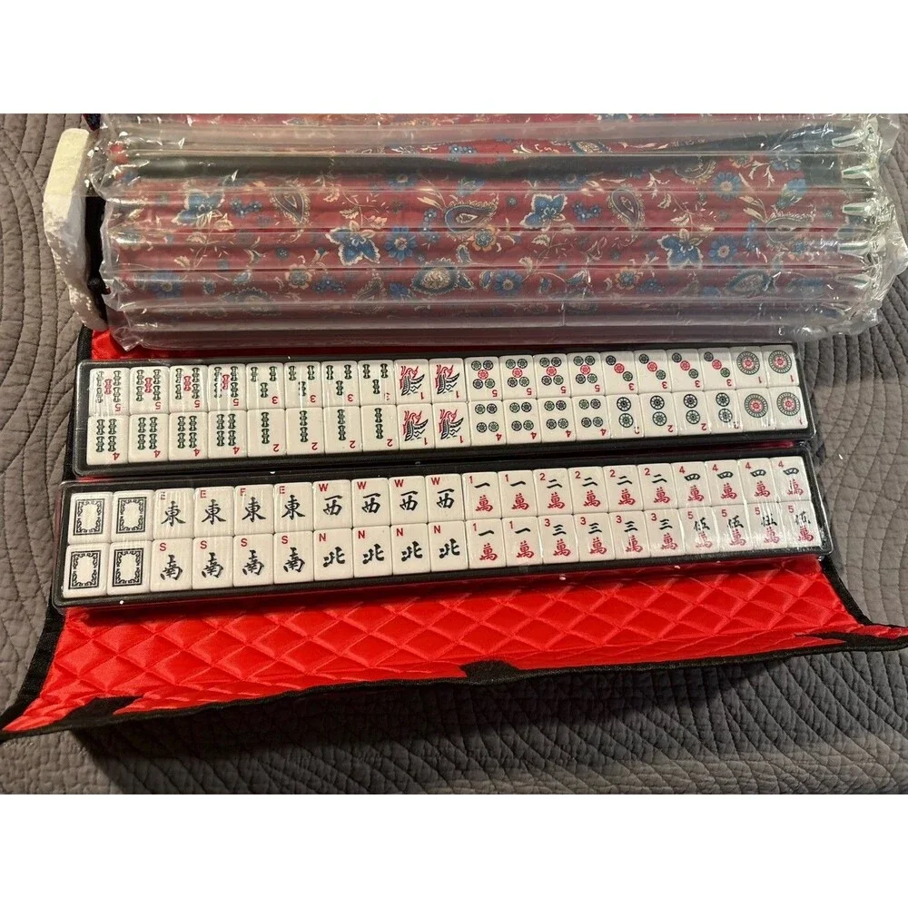Mahjong Set 166 White Tiles 4 All-in One Racks Red Bag Jongyance American